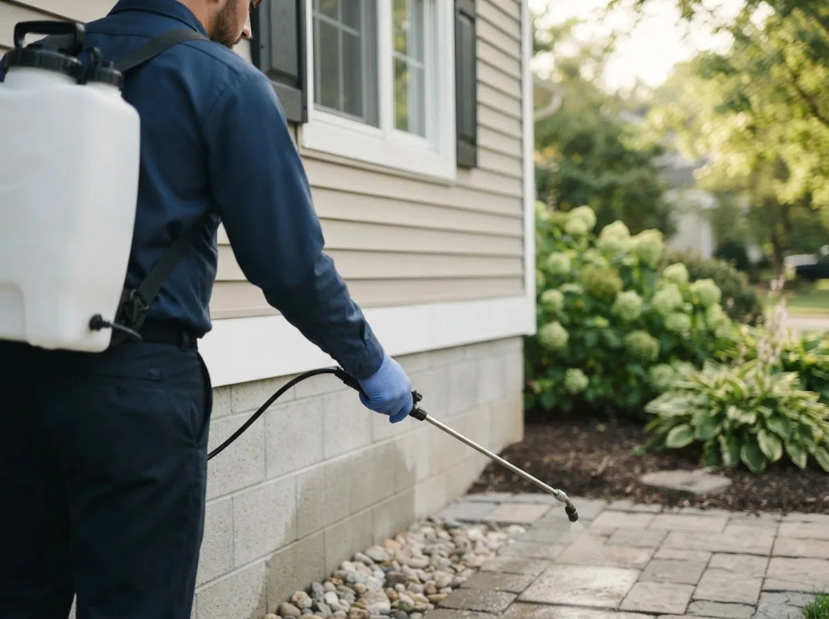 Pest control technician inspecting a home in Glandorf, OH